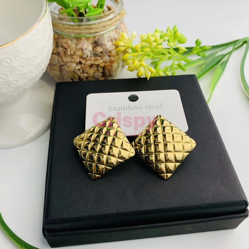 Golden Polished Quilted Square Stud Earrings