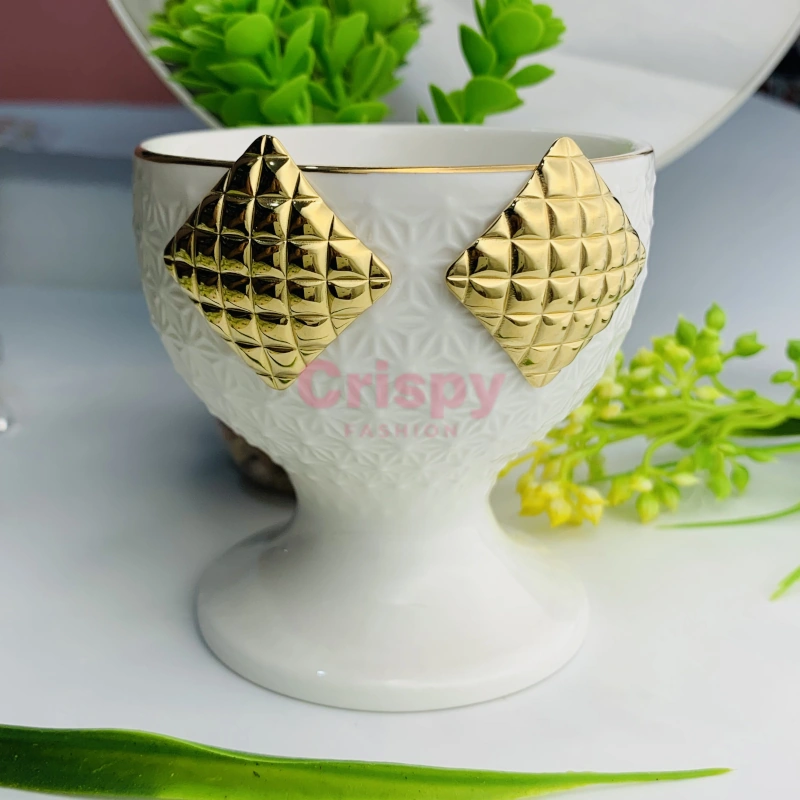 Golden Polished Quilted Square Stud Earrings