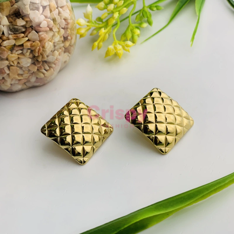 Golden Polished Quilted Square Stud Earrings