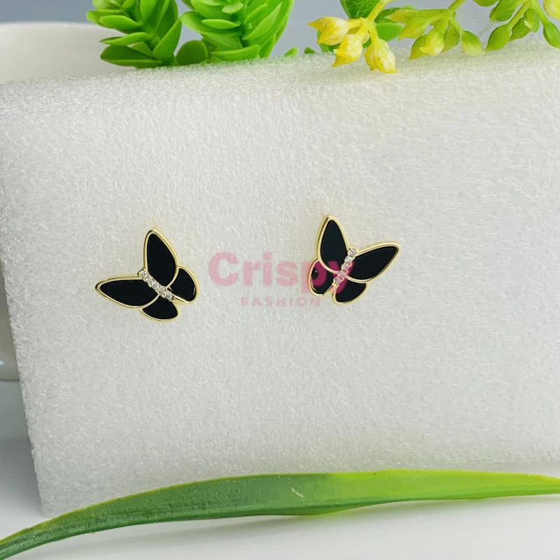 Golden Polished Black Enamel Butterfly Stud Earrings