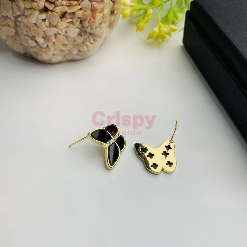 Golden Polished Black Enamel Butterfly Stud Earrings