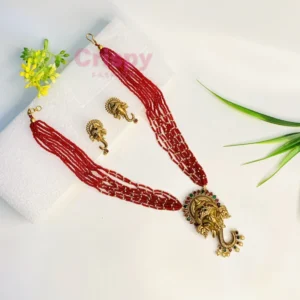 Traditional Red Beaded Necklace with Elephant Pendant and Matching Earrings