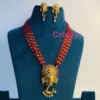 Traditional Red Beaded Necklace with Elephant Pendant and Matching Earrings