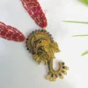 Traditional Red Beaded Necklace with Elephant Pendant and Matching Earrings