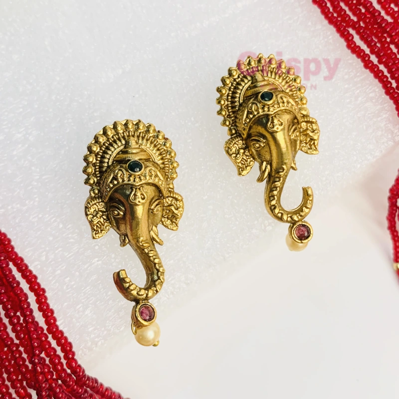 Traditional Red Beaded Necklace with Elephant Pendant and Matching Earrings