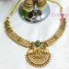 Traditional Golden Polished Goddess Lakshmi Temple Choker Necklace Set with Peacock Motifs and Jhumka Earrings