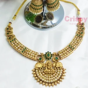 Traditional Golden Polished Goddess Lakshmi Temple Choker Necklace Set with Peacock Motifs and Jhumka Earrings