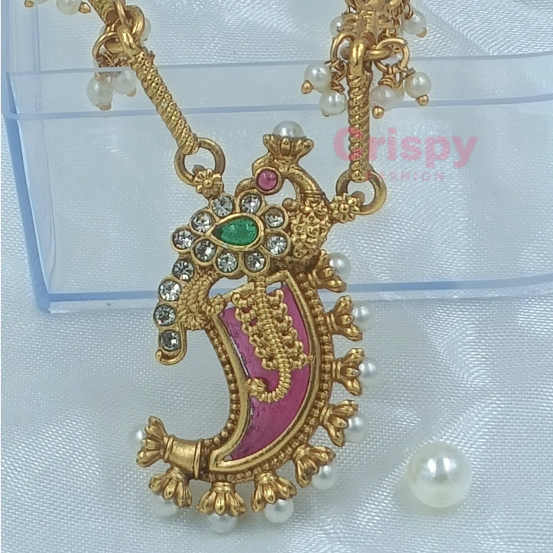 Traditional Golden Polished Paisley/Mango Motif Necklace Set with Jhumka Earrings