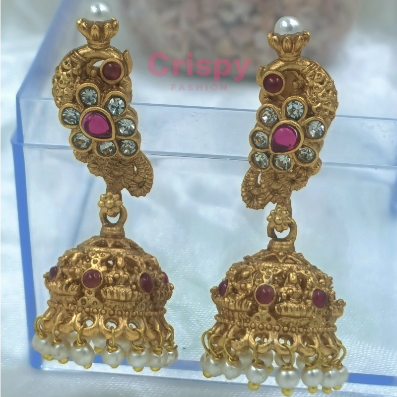 Traditional Golden Polished Paisley/Mango Motif Necklace Set with Jhumka Earrings