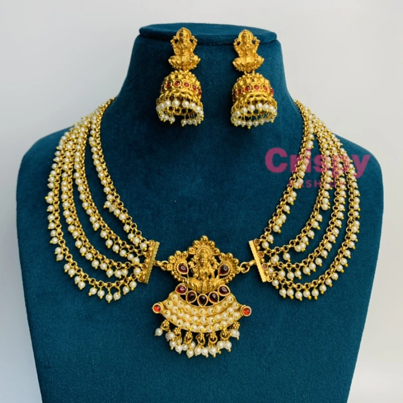 Traditional Golden Polished Multi-Layer Pearl Necklace Set with Goddess Lakshmi Pendant and Jhumka Earrings