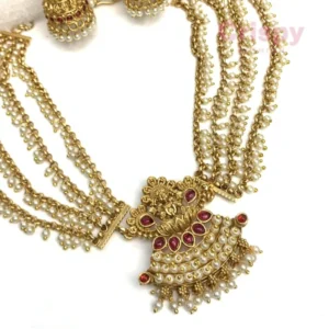 Traditional Golden Polished Multi-Layer Pearl Necklace Set with Goddess Lakshmi Pendant and Jhumka Earrings