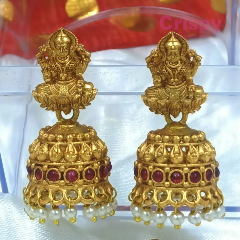Traditional Golden Polished Multi-Layer Pearl Necklace Set with Goddess Lakshmi Pendant and Jhumka Earrings