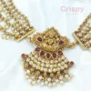 Traditional Golden Polished Multi-Layer Pearl Necklace Set with Goddess Lakshmi Pendant and Jhumka Earrings