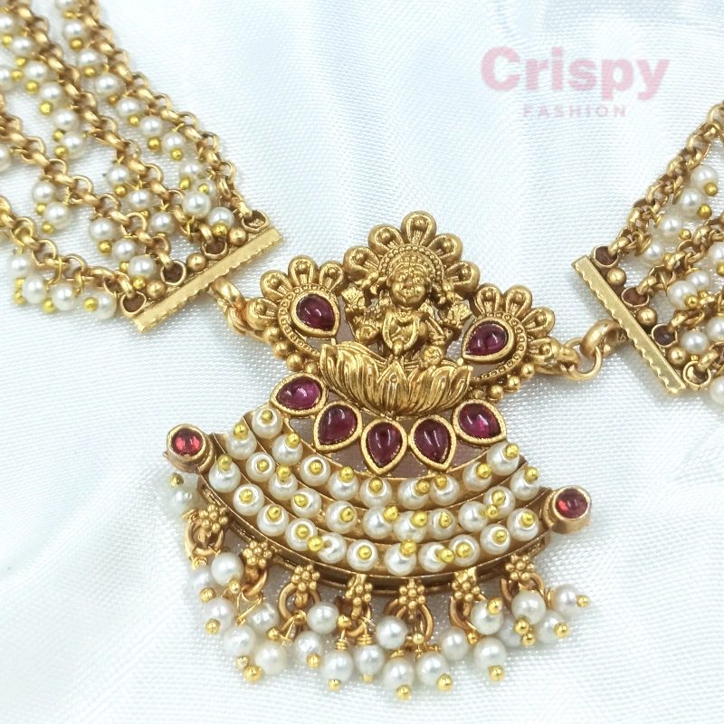 Traditional Golden Polished Multi-Layer Pearl Necklace Set with Goddess Lakshmi Pendant and Jhumka Earrings