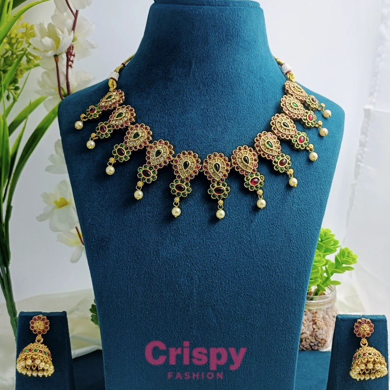 Golden Polished Traditional Necklace Set with Jhumka Earrings - Temple Jewellery