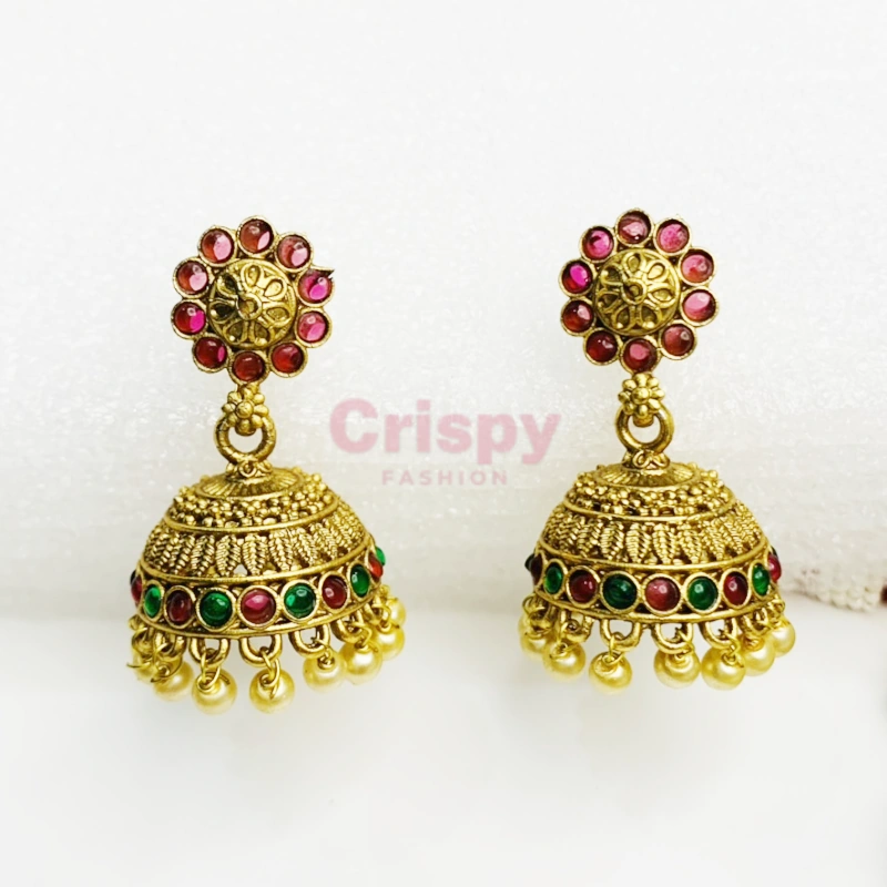 Golden Polished Traditional Necklace Set with Jhumka Earrings - Temple Jewellery
