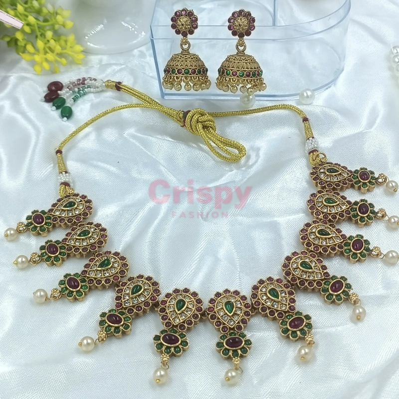 Golden Polished Traditional Necklace Set with Jhumka Earrings - Temple Jewellery