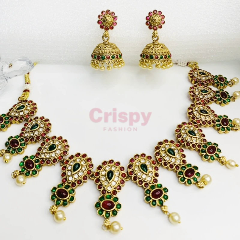 Golden Polished Traditional Necklace Set with Jhumka Earrings - Temple Jewellery