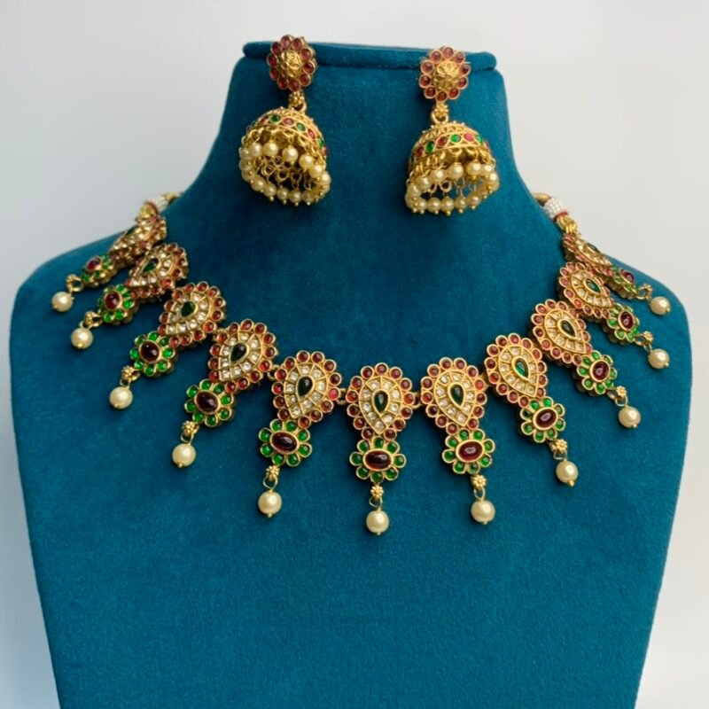 Golden Polished Traditional Necklace Set with Jhumka Earrings - Temple Jewellery