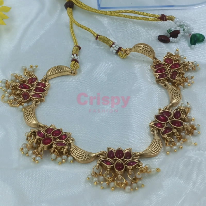 Traditional Golden Polished Necklace and Earrings Set with Red Stones and Pearls - Temple Jewellery