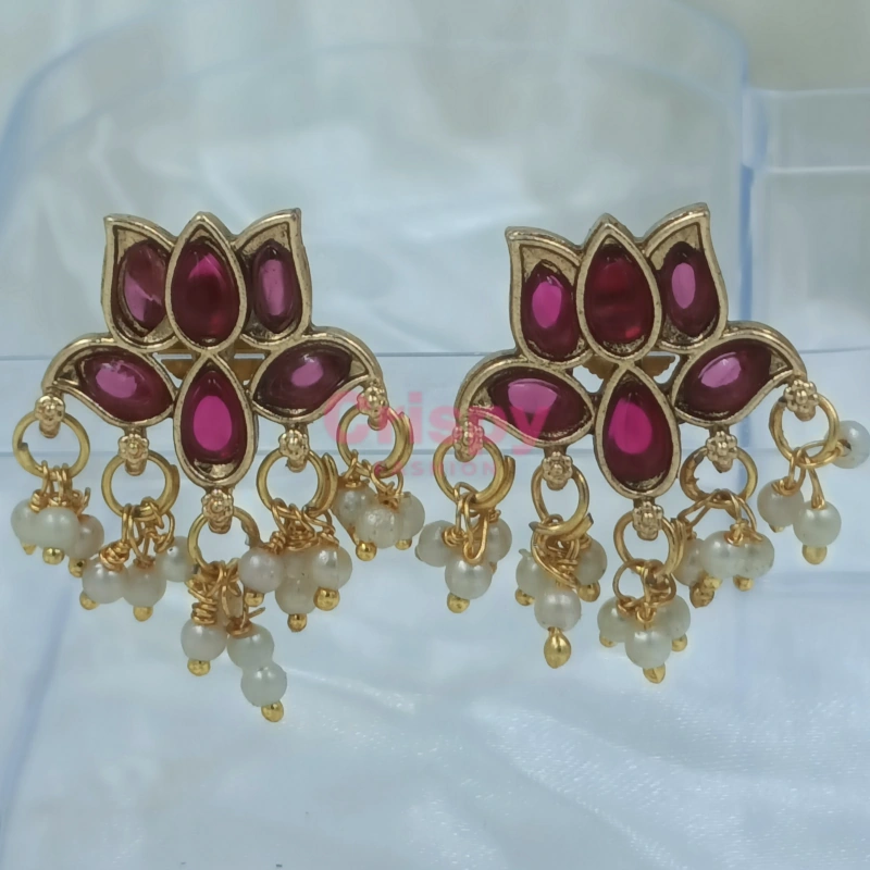 Traditional Golden Polished Necklace and Earrings Set with Red Stones and Pearls - Temple Jewellery
