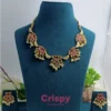 Traditional Golden Polished Necklace and Earrings Set with Red Stones and Pearls - Temple Jewellery