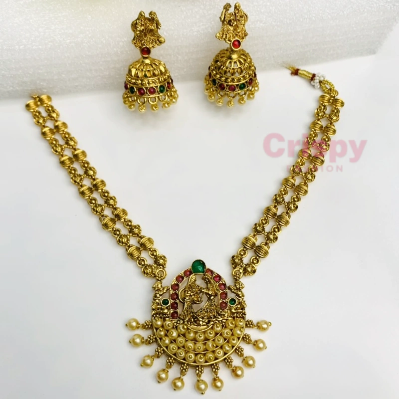 Traditional Matte Golden Polished Lakshmi Temple Jewelry Set with Jhumka Earrings