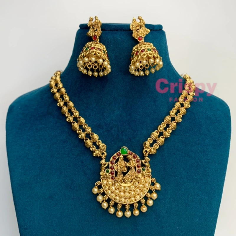 Traditional Matte Golden Polished Lakshmi Temple Jewelry Set with Jhumka Earrings