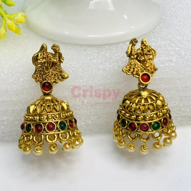 Traditional Matte Golden Polished Lakshmi Temple Jewelry Set with Jhumka Earrings