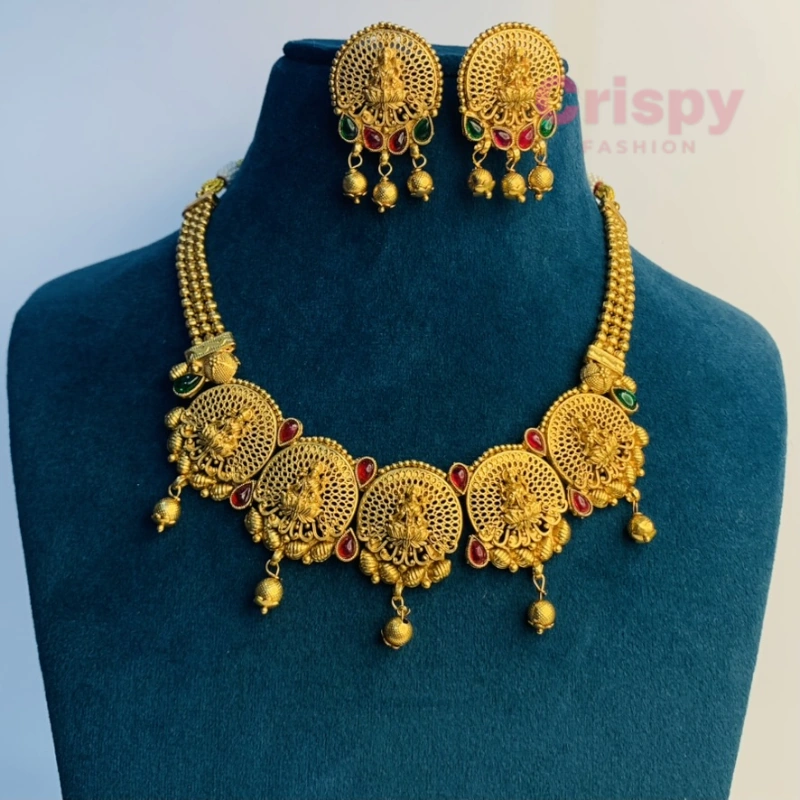 Traditional Matte Golden Polished Lakshmi Temple Jewellery Set