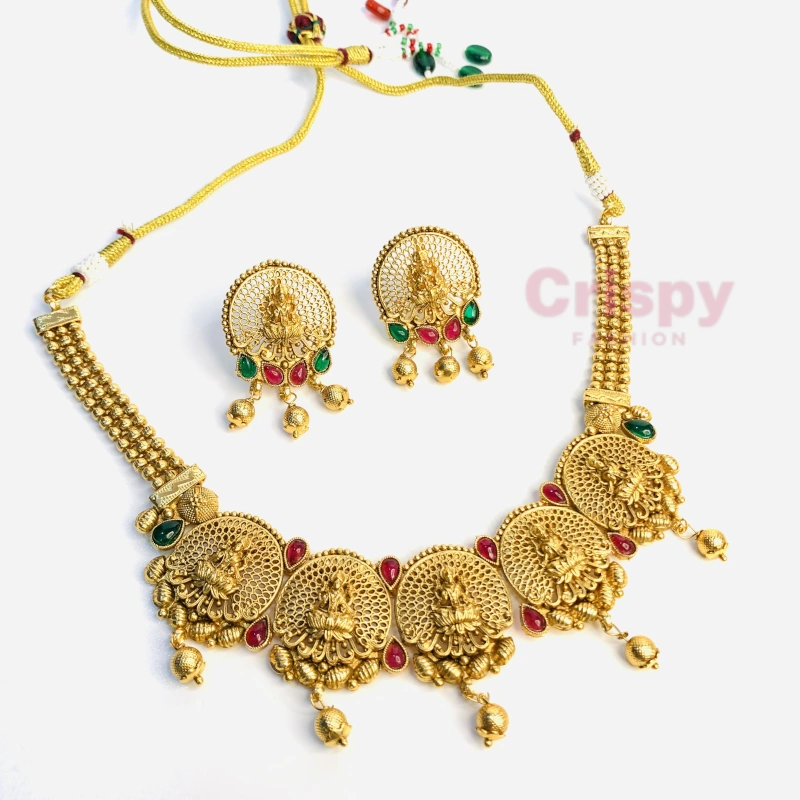 Traditional Matte Golden Polished Lakshmi Temple Jewellery Set