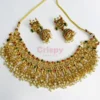 Traditional Heavy Golden Polished Choker Necklace Set with Lakshmi Motifs and Jhumka Earrings