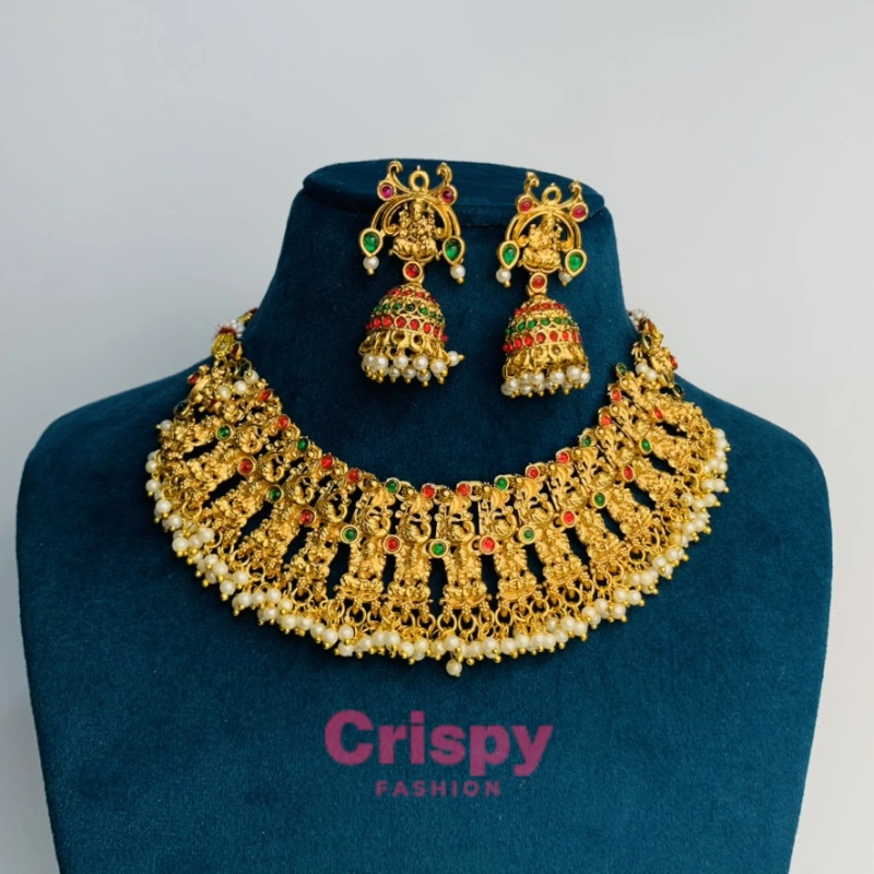Traditional Heavy Golden Polished Choker Necklace Set with Lakshmi Motifs and Jhumka Earrings