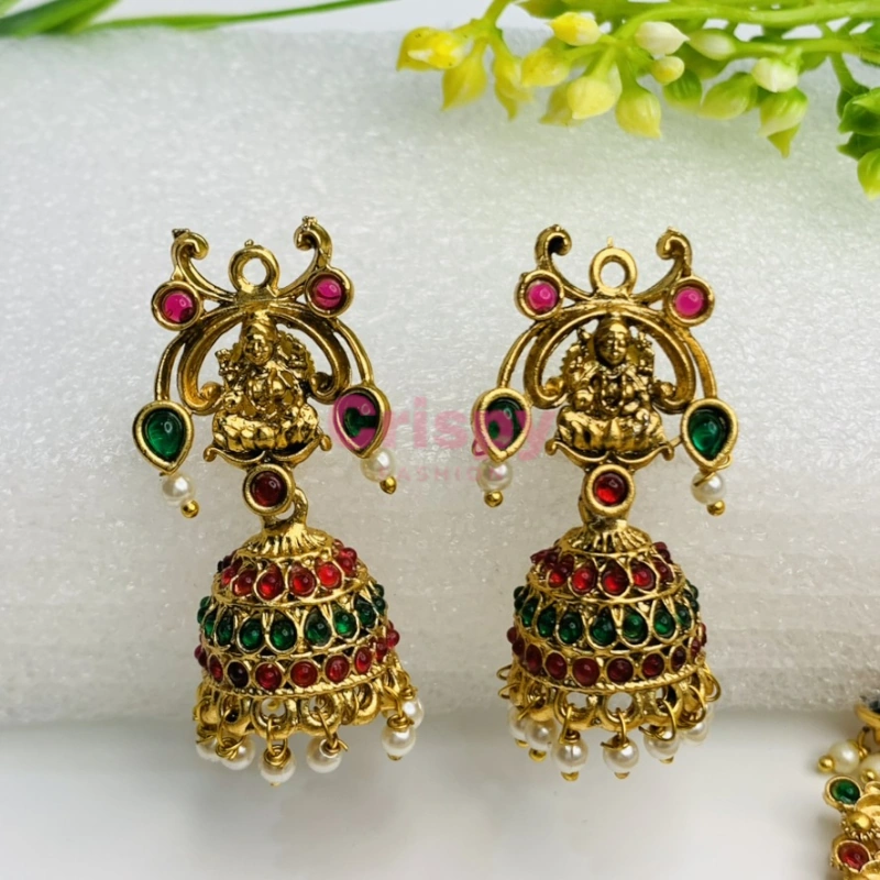 Traditional Heavy Golden Polished Choker Necklace Set with Lakshmi Motifs and Jhumka Earrings