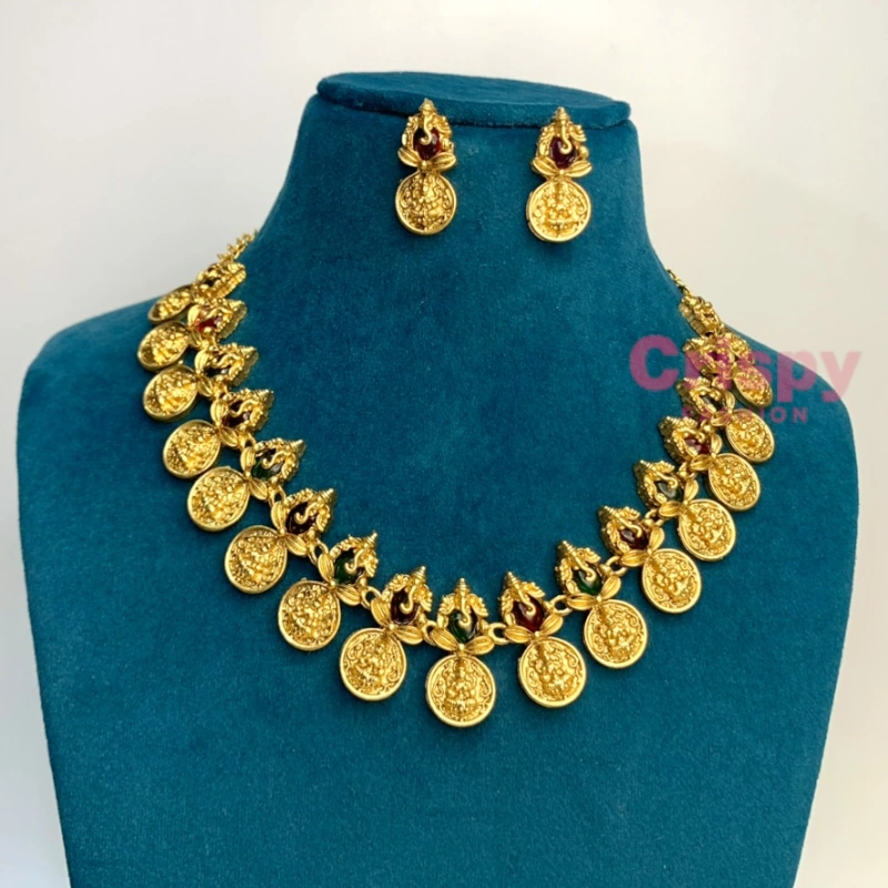 Traditional Golden Polished Coin and Temple Motif Necklace Set