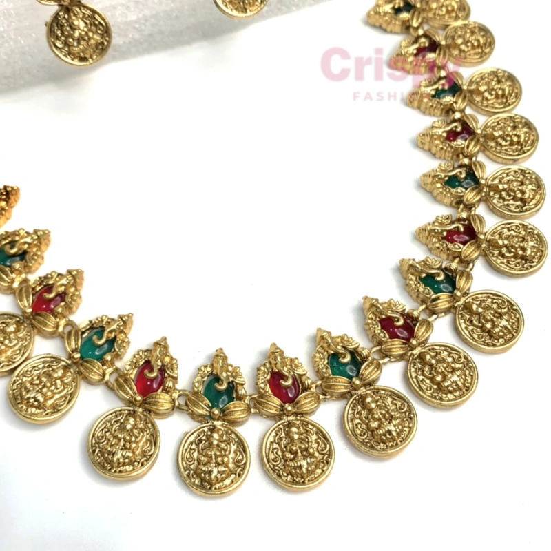 Traditional Golden Polished Coin and Temple Motif Necklace Set