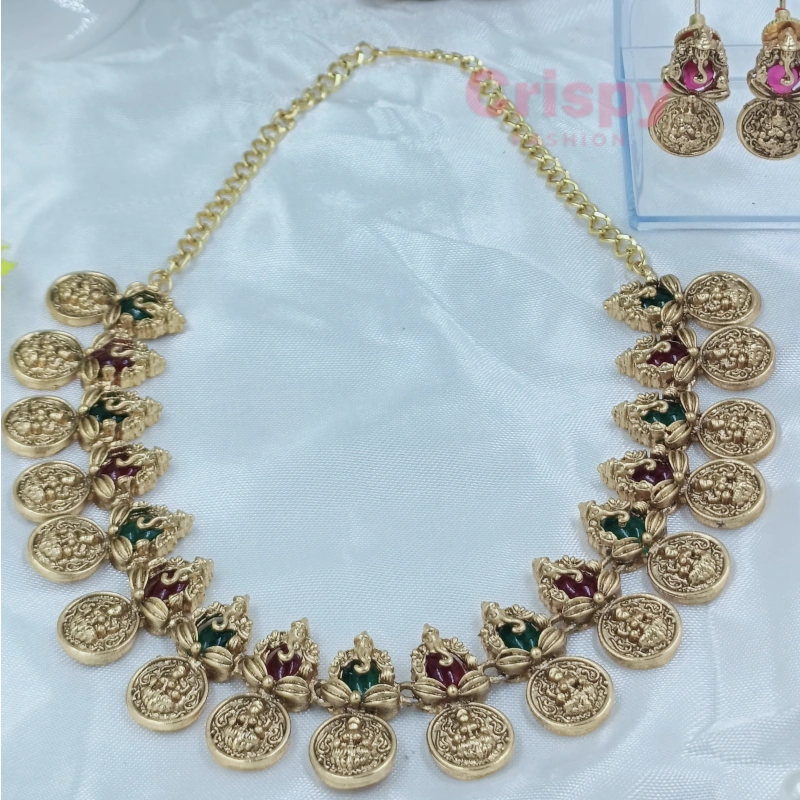 Traditional Golden Polished Coin and Temple Motif Necklace Set