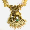 Traditional Golden Polished Coin and Elephant Pendant Long Necklace Set with Jhumka Earrings