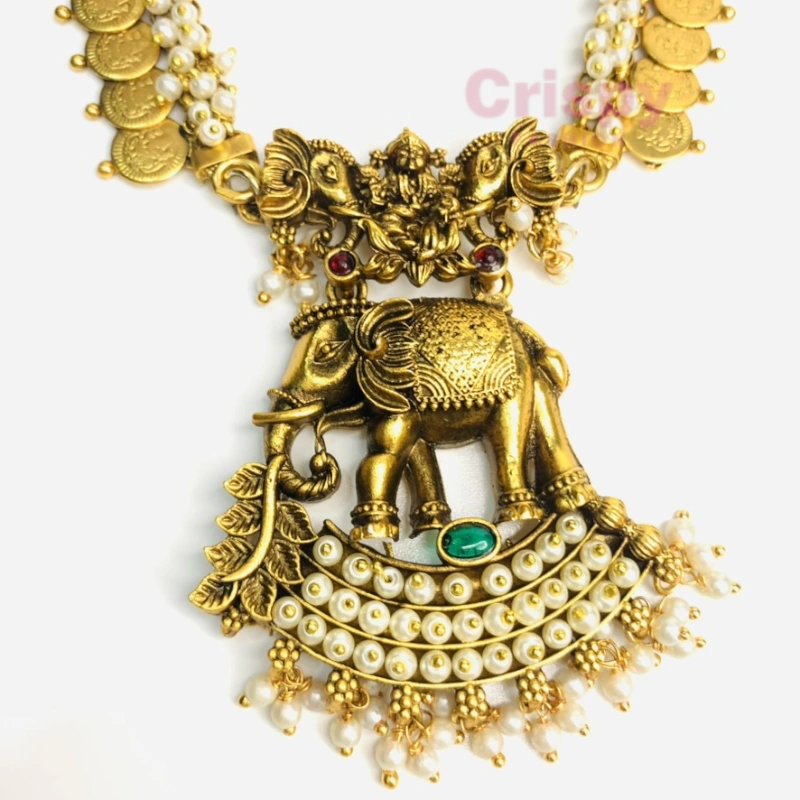 Traditional Golden Polished Coin and Elephant Pendant Long Necklace Set with Jhumka Earrings