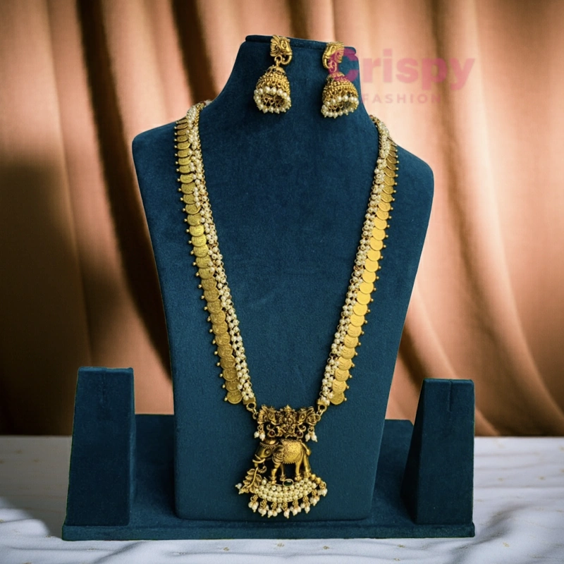Traditional Golden Polished Coin and Elephant Pendant Long Necklace Set with Jhumka Earrings