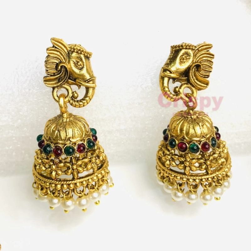 Traditional Golden Polished Coin and Elephant Pendant Long Necklace Set with Jhumka Earrings