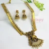 Traditional Golden Polished Coin and Elephant Pendant Long Necklace Set with Jhumka Earrings