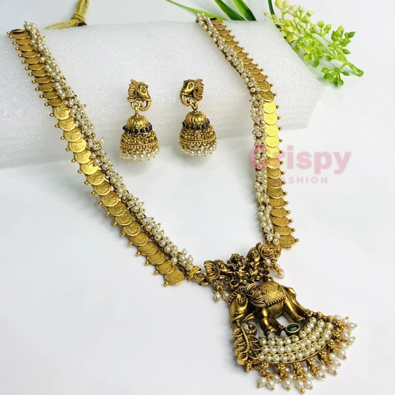 Traditional Golden Polished Coin and Elephant Pendant Long Necklace Set with Jhumka Earrings