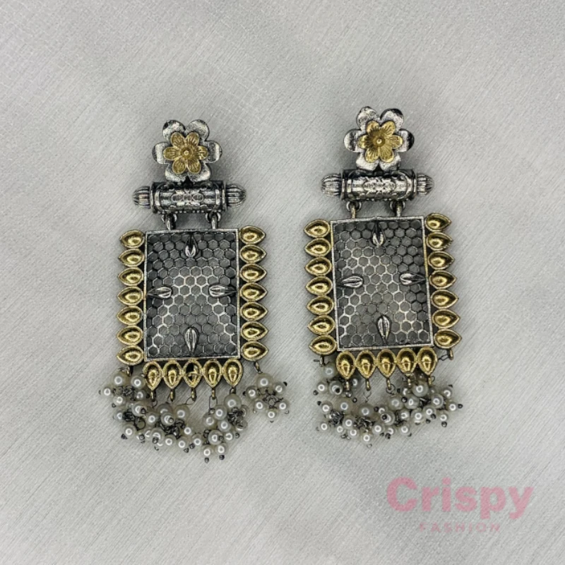 Traditional Design Dual-Tone Filigree Dangle Antique Earrings with Pearl Accents