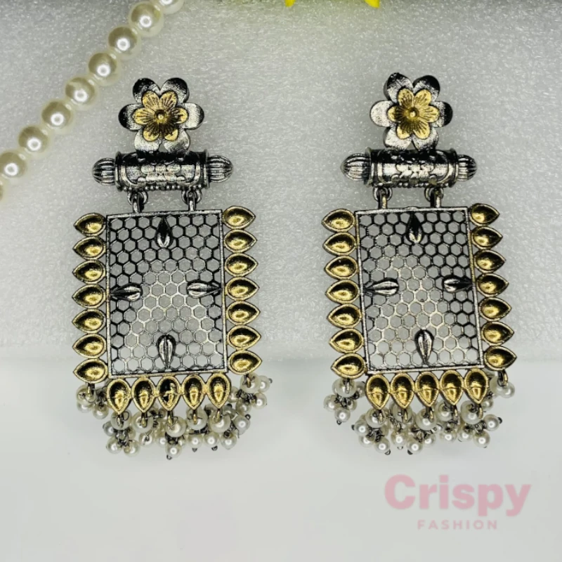 Traditional Design Dual-Tone Filigree Dangle Antique Earrings with Pearl Accents