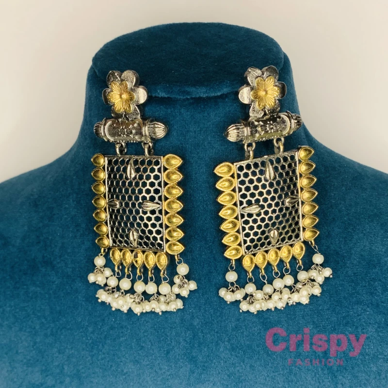 Traditional Design Dual-Tone Filigree Dangle Antique Earrings with Pearl Accents
