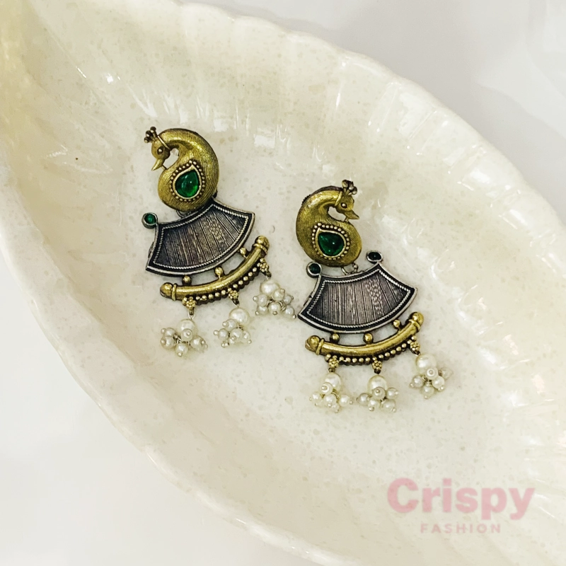 Ethnic Peacock & Ghungroo Design Dual-Tone Dangler Earrings