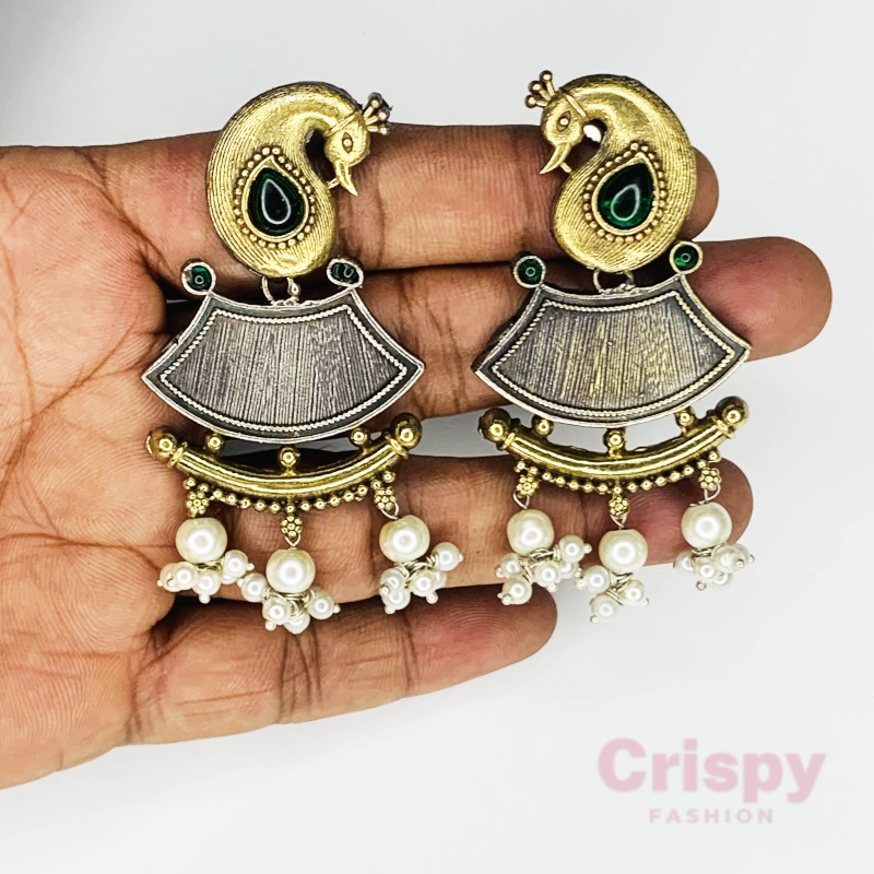 Ethnic Peacock & Ghungroo Design Dual-Tone Dangler Earrings