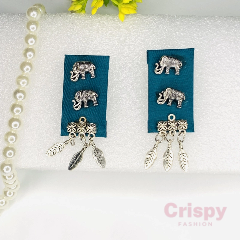 Tribal Elephant and Feather Fabric Dangler Earrings