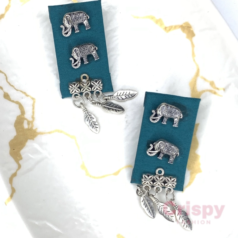 Tribal Elephant and Feather Fabric Dangler Earrings